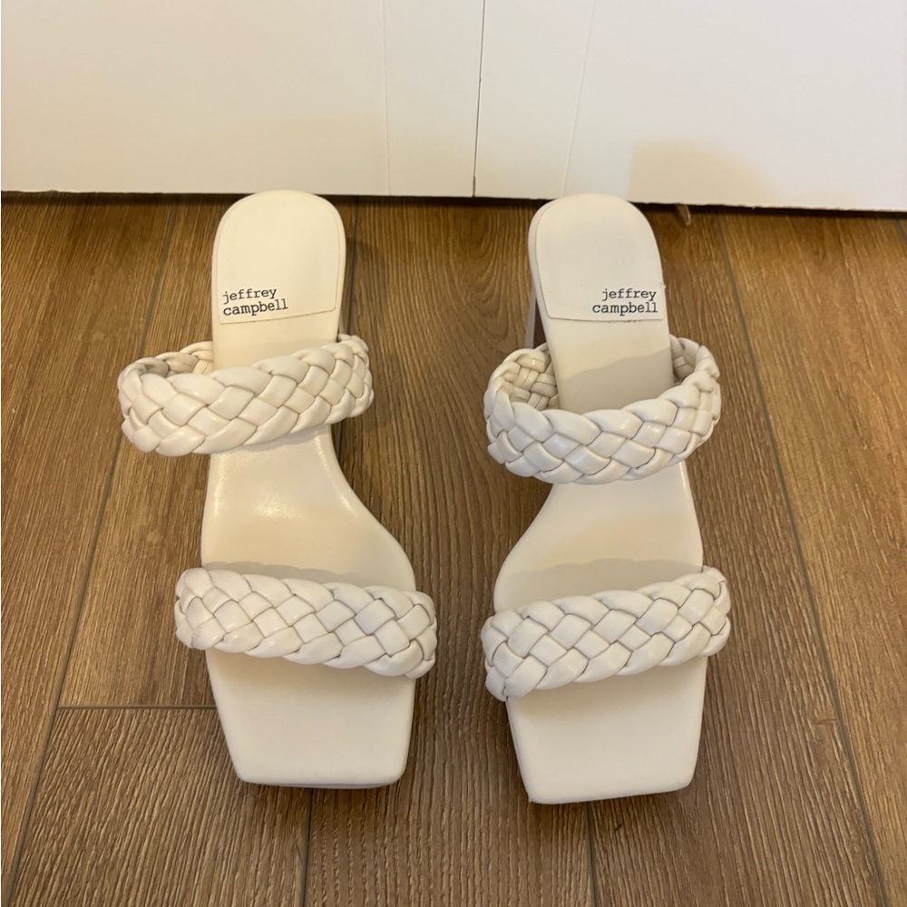 Jeffrey Campbell white braided block heels